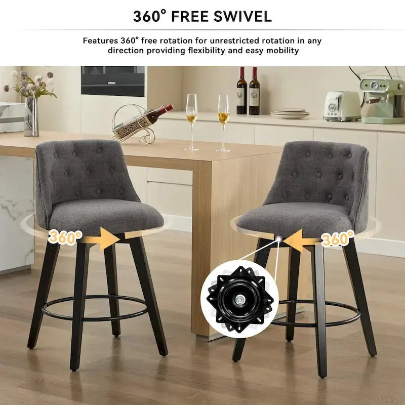 Swivel Bar Stools Set of 2 with Button Tufted Linen Back & Solid Wood Frame – Counter Height