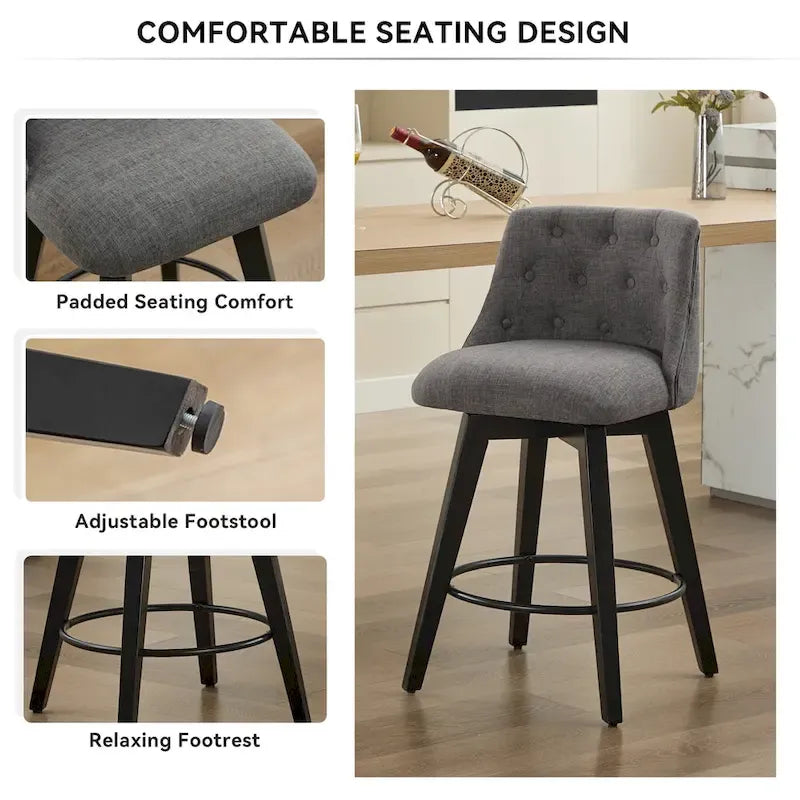 Swivel Bar Stools Set of 2 with Button Tufted Linen Back & Solid Wood Frame – Counter Height