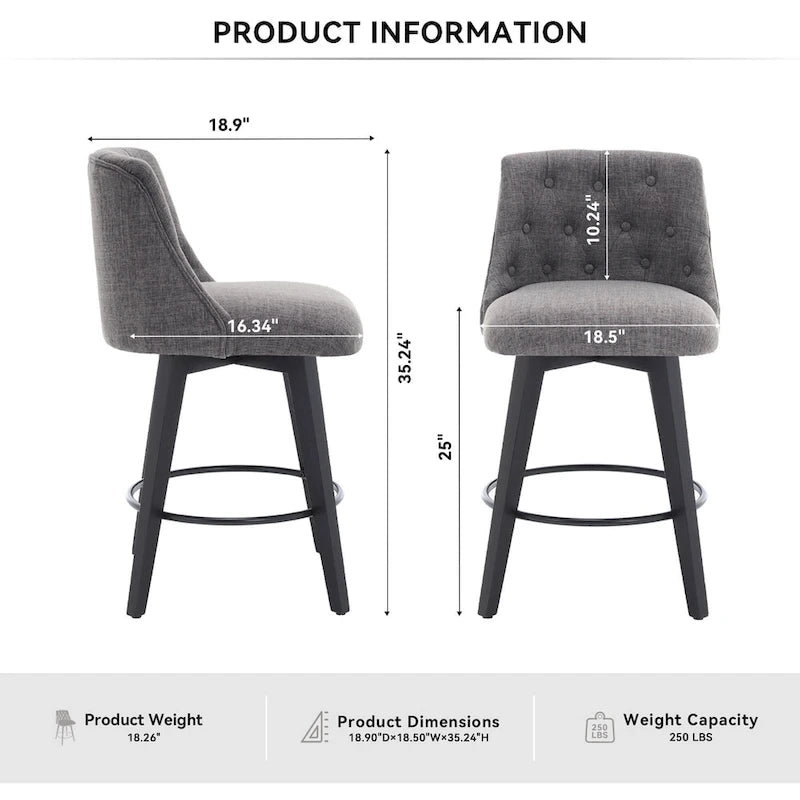Swivel Bar Stools Set of 2 with Button Tufted Linen Back & Solid Wood Frame – Counter Height