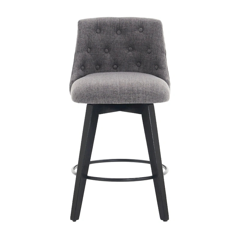 Swivel Bar Stools Set of 2 with Button Tufted Linen Back & Solid Wood Frame – Counter Height