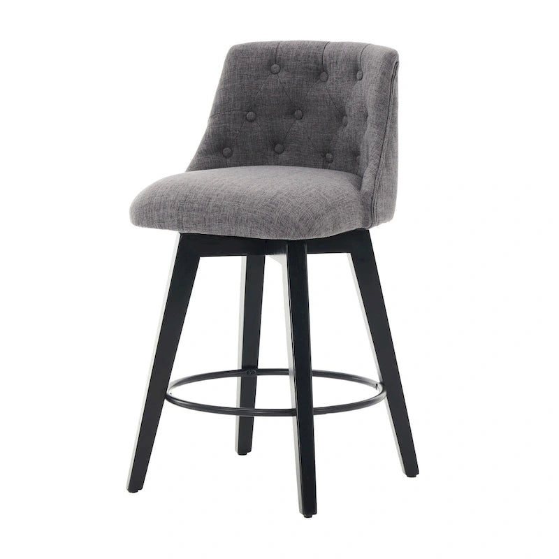 Swivel Bar Stools Set of 2 with Button Tufted Linen Back & Solid Wood Frame – Counter Height