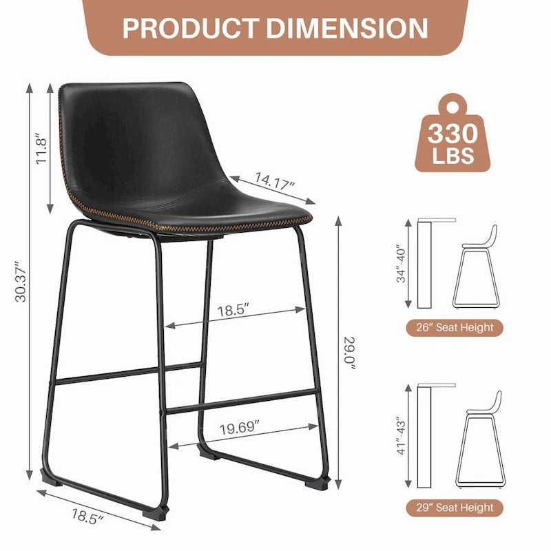 Faux Leather Counter Height Bar Stools Set of 2 – 26" or 29" Seat Height, Metal Frame, 330 lb Capacity
