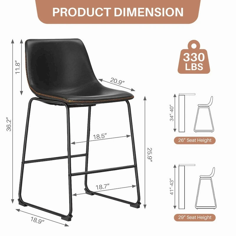Faux Leather Counter Height Bar Stools Set of 2 – 26" or 29" Seat Height, Metal Frame, 330 lb Capacity