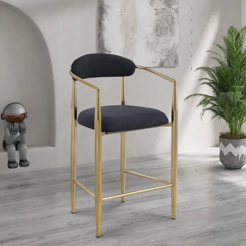 Counter Height Bar Stool with Upholstered Back, Arms & Gold Metal Frame – Black Velvet, Set of 2