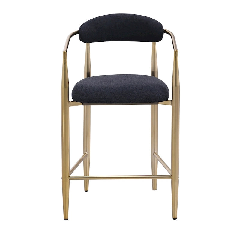 Counter Height Bar Stool with Upholstered Back, Arms & Gold Metal Frame – Black Velvet, Set of 2