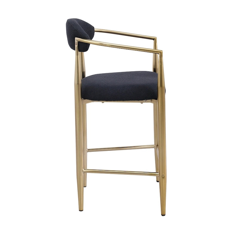 Counter Height Bar Stool with Upholstered Back, Arms & Gold Metal Frame – Black Velvet, Set of 2