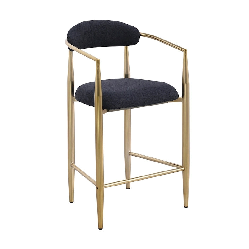 Counter Height Bar Stool with Upholstered Back, Arms & Gold Metal Frame – Black Velvet, Set of 2