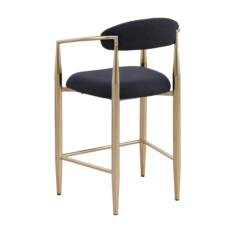 Counter Height Bar Stool with Upholstered Back, Arms & Gold Metal Frame – Black Velvet, Set of 2