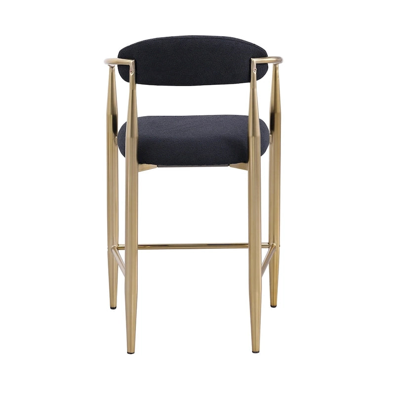 Counter Height Bar Stool with Upholstered Back, Arms & Gold Metal Frame – Black Velvet, Set of 2