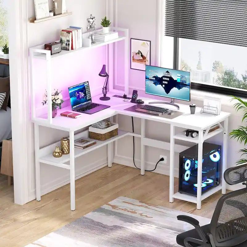 L-Shaped Gaming Desk with Hutch, Storage Shelves & LED Lights – Computer Corner Desk, Black