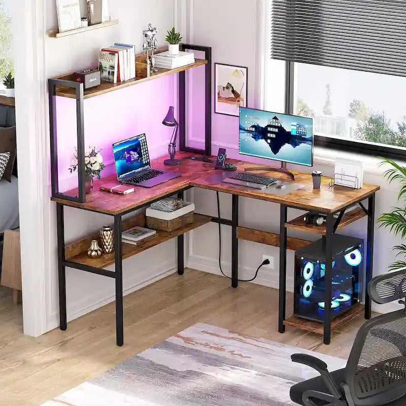L-Shaped Gaming Desk with Hutch, Storage Shelves & LED Lights – Computer Corner Desk, Black