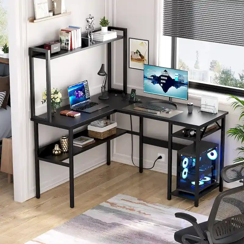 L-Shaped Gaming Desk with Hutch, Storage Shelves & LED Lights – Computer Corner Desk, Black