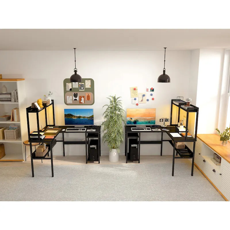 L-Shaped Gaming Desk with Hutch, Storage Shelves & LED Lights – Computer Corner Desk, Black