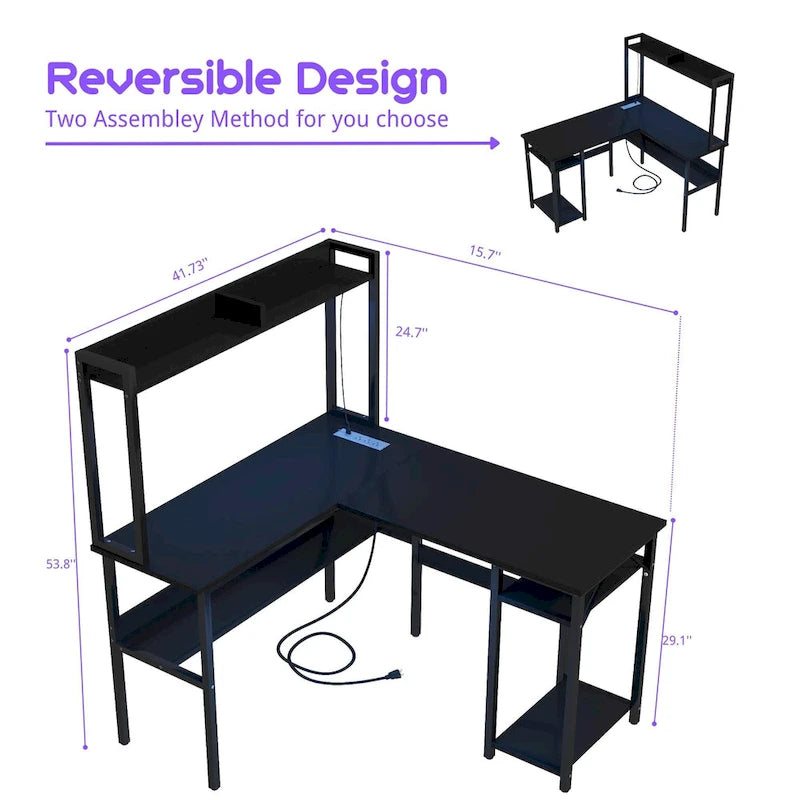 L-Shaped Gaming Desk with Hutch, Storage Shelves & LED Lights – Computer Corner Desk, Black