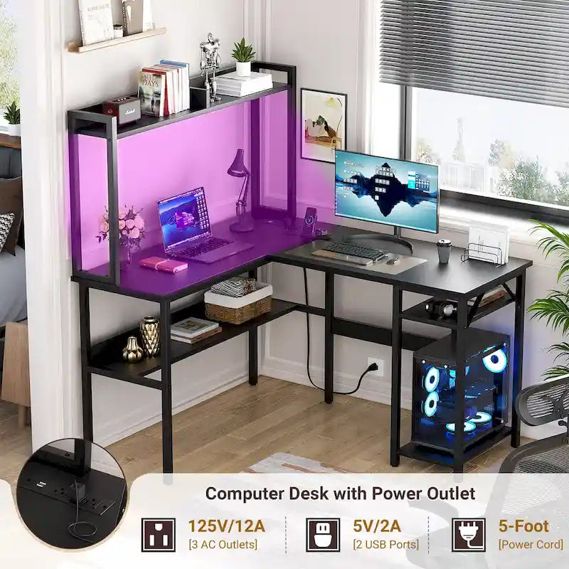 L-Shaped Gaming Desk with Hutch, Storage Shelves & LED Lights – Computer Corner Desk, Black