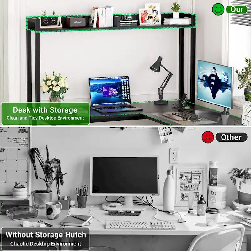 L-Shaped Gaming Desk with Hutch, Storage Shelves & LED Lights – Computer Corner Desk, Black
