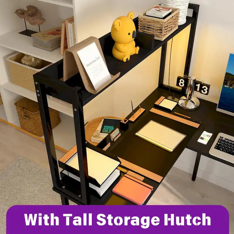 L-Shaped Gaming Desk with Hutch, Storage Shelves & LED Lights – Computer Corner Desk, Black
