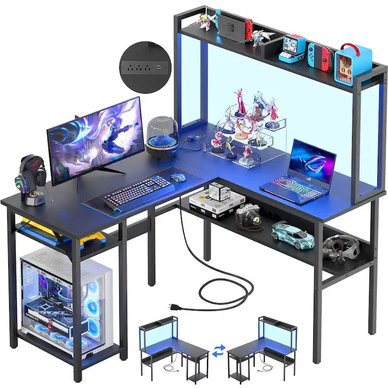 L-Shaped Gaming Desk with Hutch, Storage Shelves & LED Lights – Computer Corner Desk, Black