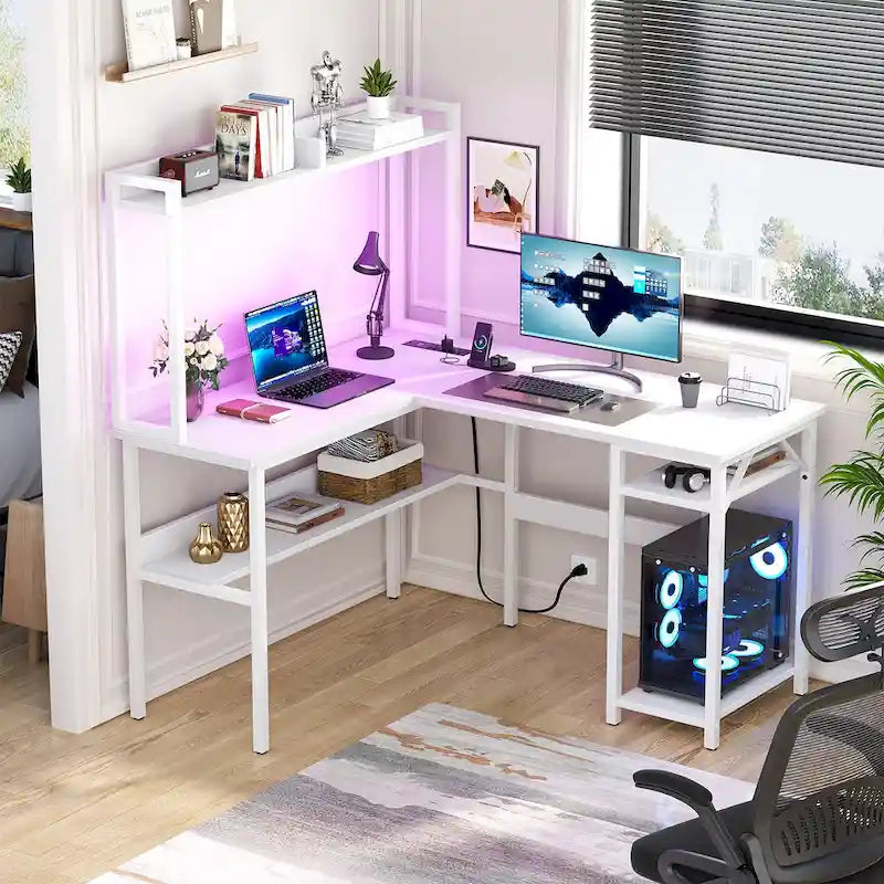 L-Shaped Gaming Desk with Hutch, Storage Shelves & LED Lights – Computer Corner Desk, Black