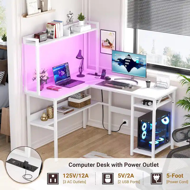 L-Shaped Gaming Desk with Hutch, Storage Shelves & LED Lights – Computer Corner Desk, Black