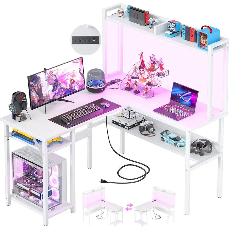 L-Shaped Gaming Desk with Hutch, Storage Shelves & LED Lights – Computer Corner Desk, Black