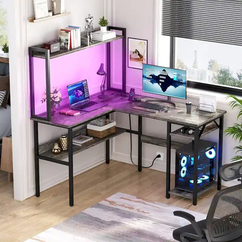 L-Shaped Gaming Desk with Hutch, Storage Shelves & LED Lights – Computer Corner Desk, Black