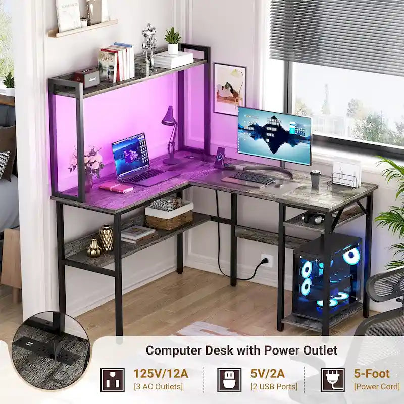 L-Shaped Gaming Desk with Hutch, Storage Shelves & LED Lights – Computer Corner Desk, Black