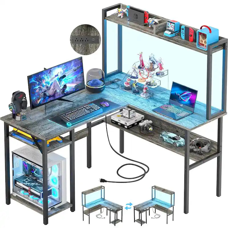 L-Shaped Gaming Desk with Hutch, Storage Shelves & LED Lights – Computer Corner Desk, Black