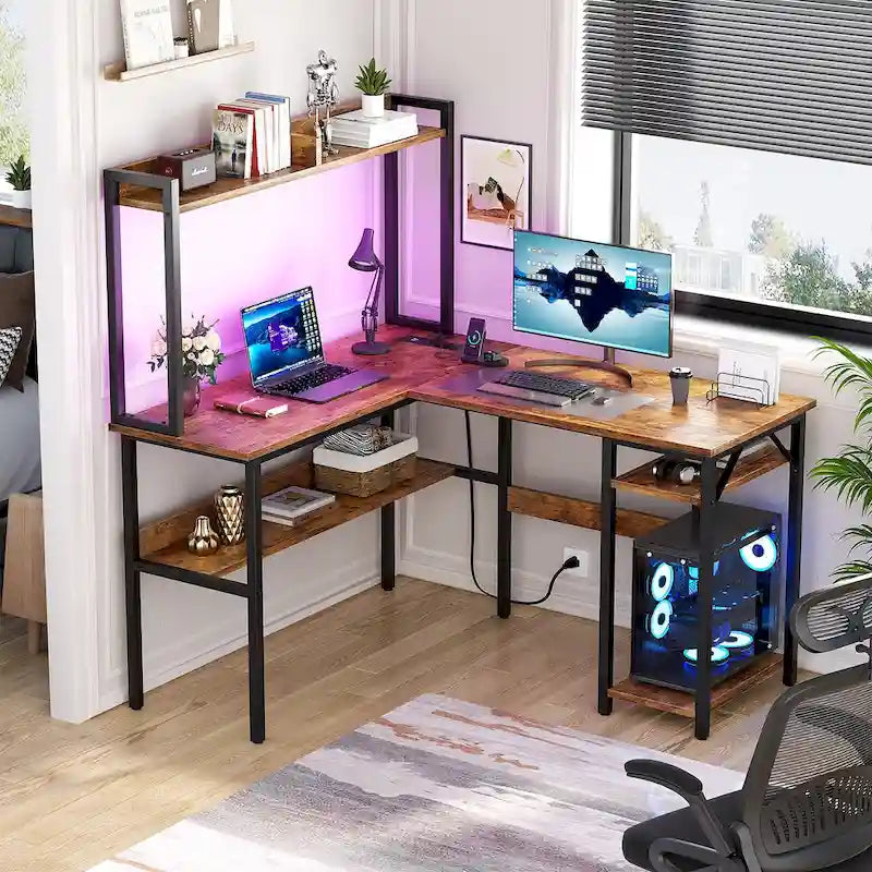 L-Shaped Gaming Desk with Hutch, Storage Shelves & LED Lights – Computer Corner Desk, Black