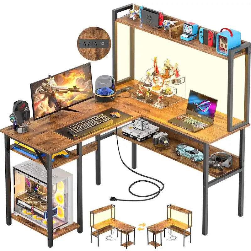 L-Shaped Gaming Desk with Hutch, Storage Shelves & LED Lights – Computer Corner Desk, Black