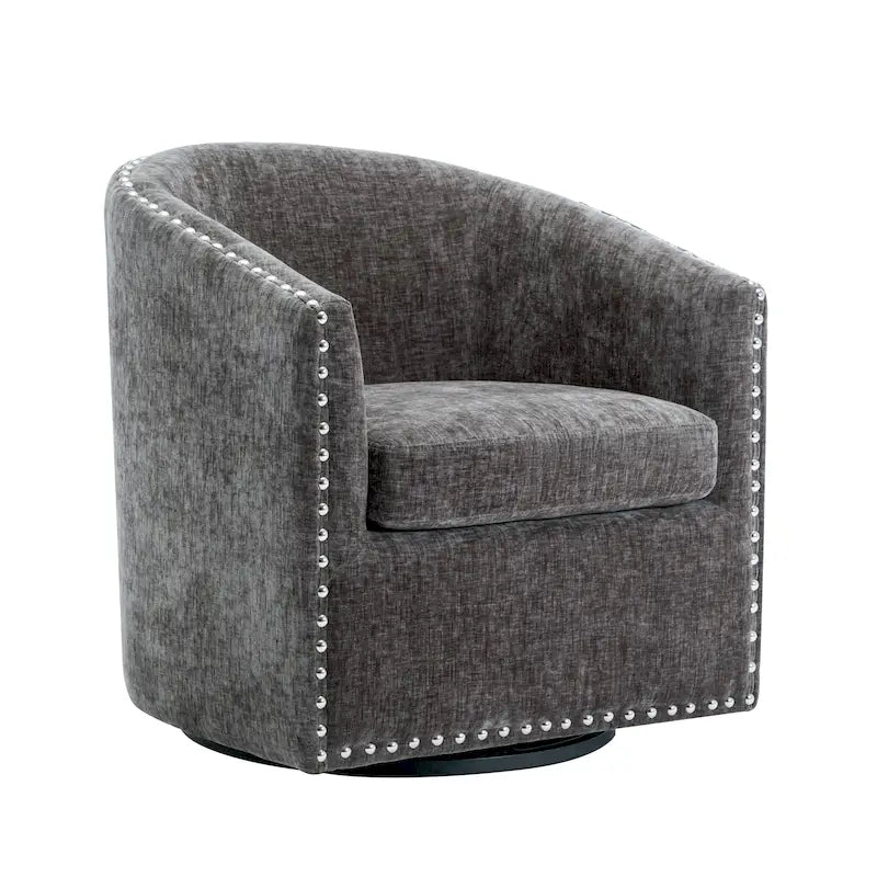 Swivel Barrel Accent Chair with Nailhead Trim – Upholstered Fabric, Multiple Colors
