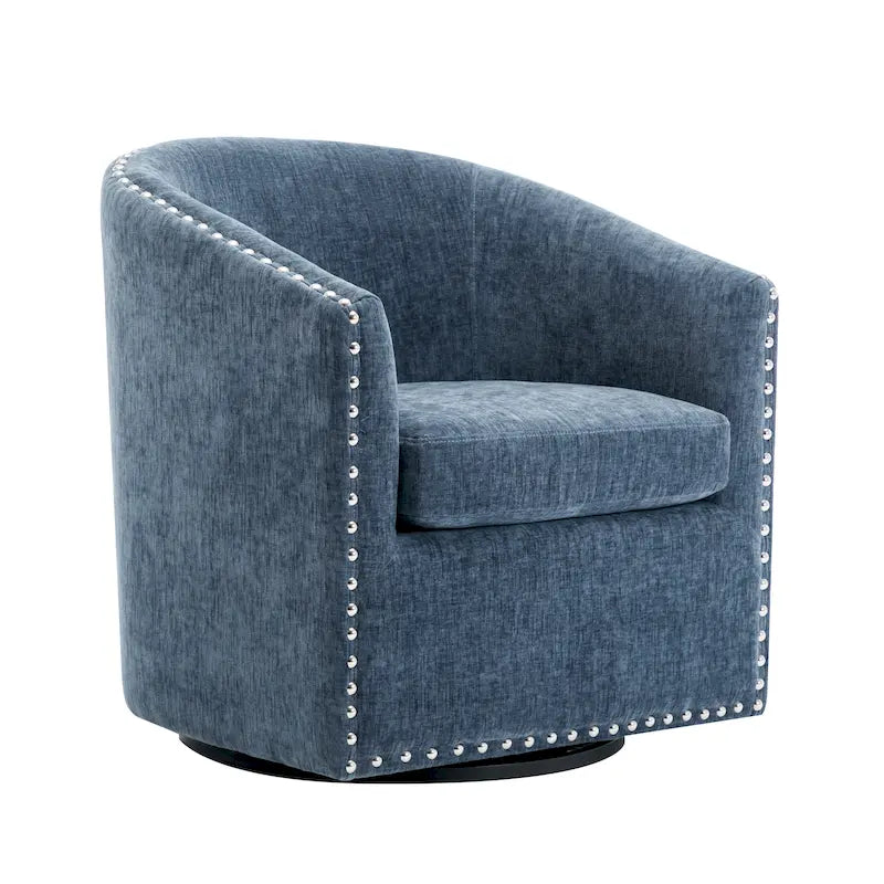 Swivel Barrel Accent Chair with Nailhead Trim – Upholstered Fabric, Multiple Colors