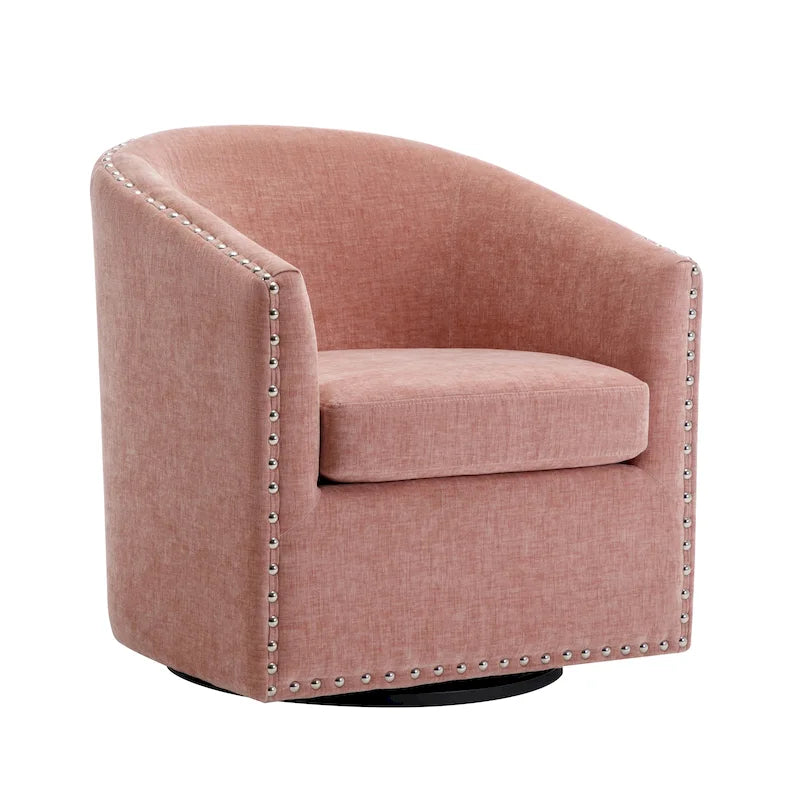 Swivel Barrel Accent Chair with Nailhead Trim – Upholstered Fabric, Multiple Colors