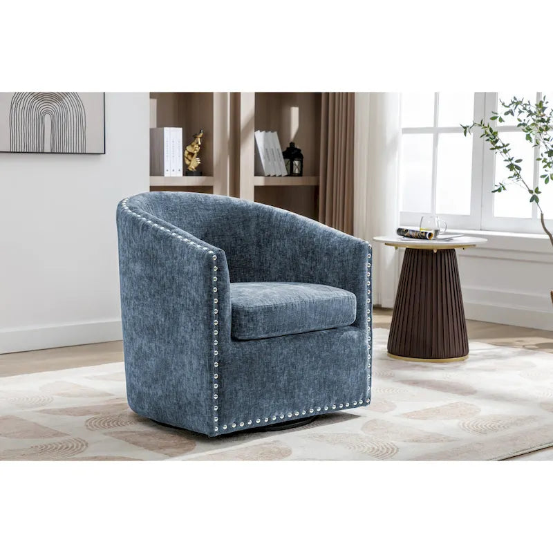 Swivel Barrel Accent Chair with Nailhead Trim – Upholstered Fabric, Multiple Colors