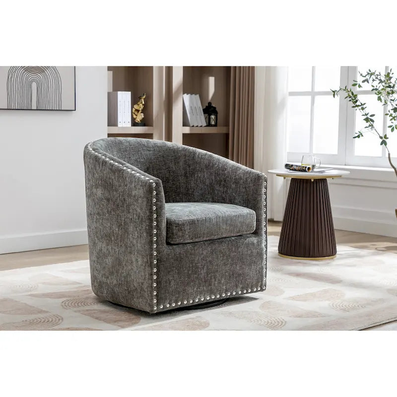 Swivel Barrel Accent Chair with Nailhead Trim – Upholstered Fabric, Multiple Colors