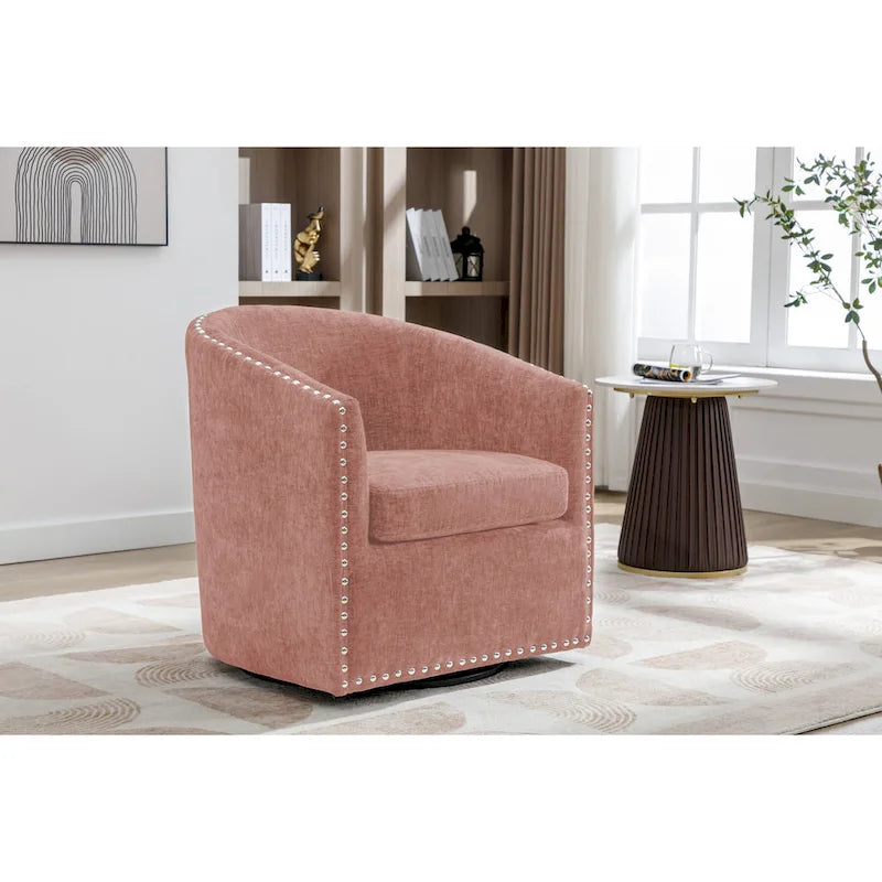 Swivel Barrel Accent Chair with Nailhead Trim – Upholstered Fabric, Multiple Colors