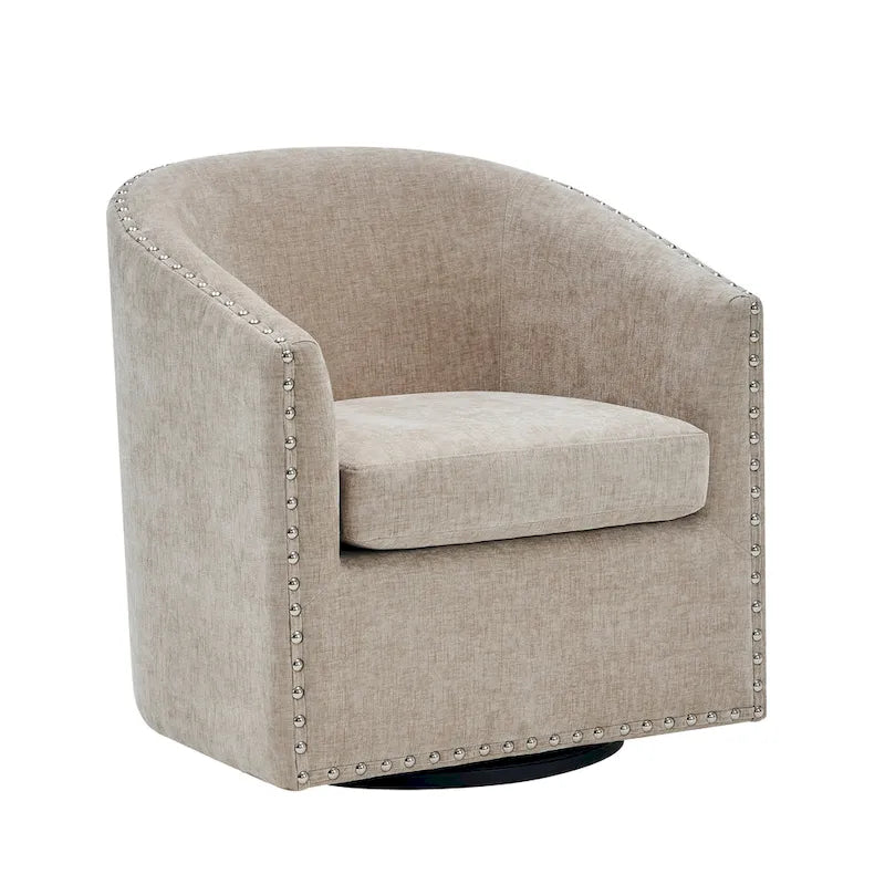 Swivel Barrel Accent Chair with Nailhead Trim – Upholstered Fabric, Multiple Colors