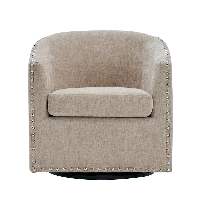 Swivel Barrel Accent Chair with Nailhead Trim – Upholstered Fabric, Multiple Colors