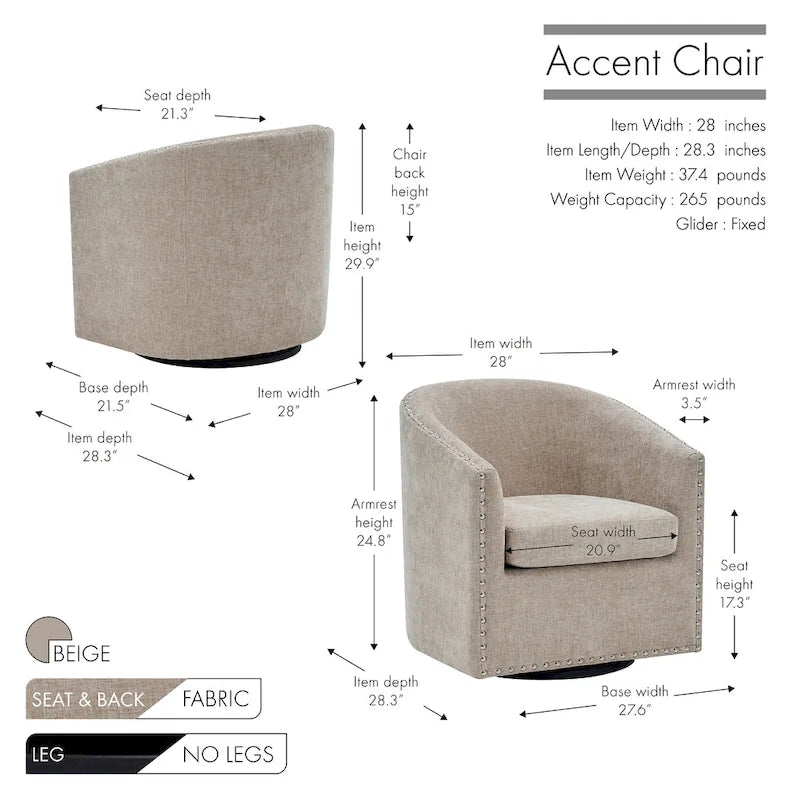 Swivel Barrel Accent Chair with Nailhead Trim – Upholstered Fabric, Multiple Colors