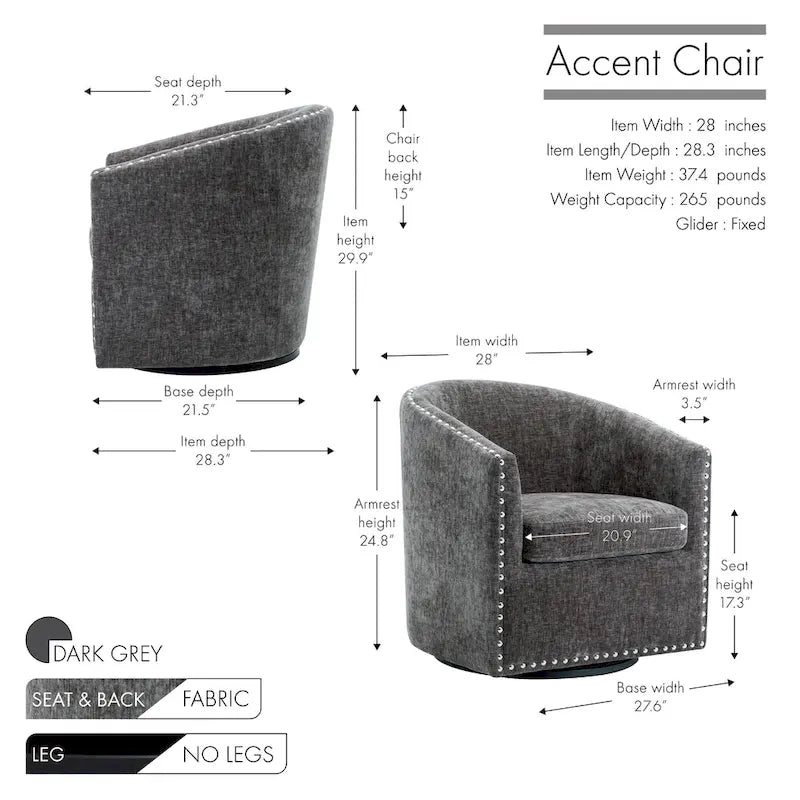Swivel Barrel Accent Chair with Nailhead Trim – Upholstered Fabric, Multiple Colors