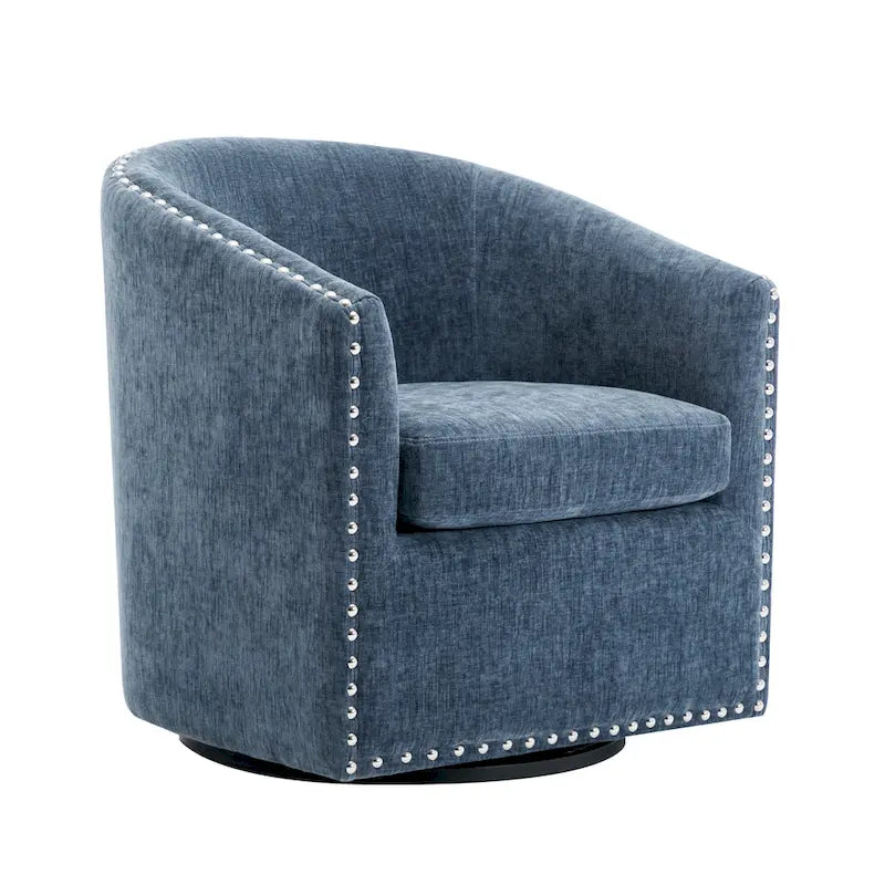 Swivel Barrel Accent Chair with Nailhead Trim – Upholstered Fabric, Multiple Colors