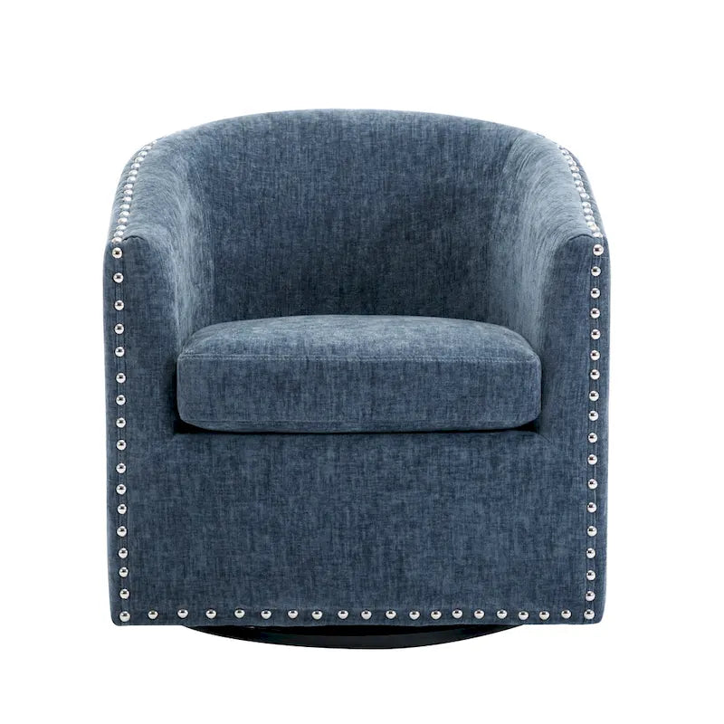 Swivel Barrel Accent Chair with Nailhead Trim – Upholstered Fabric, Multiple Colors