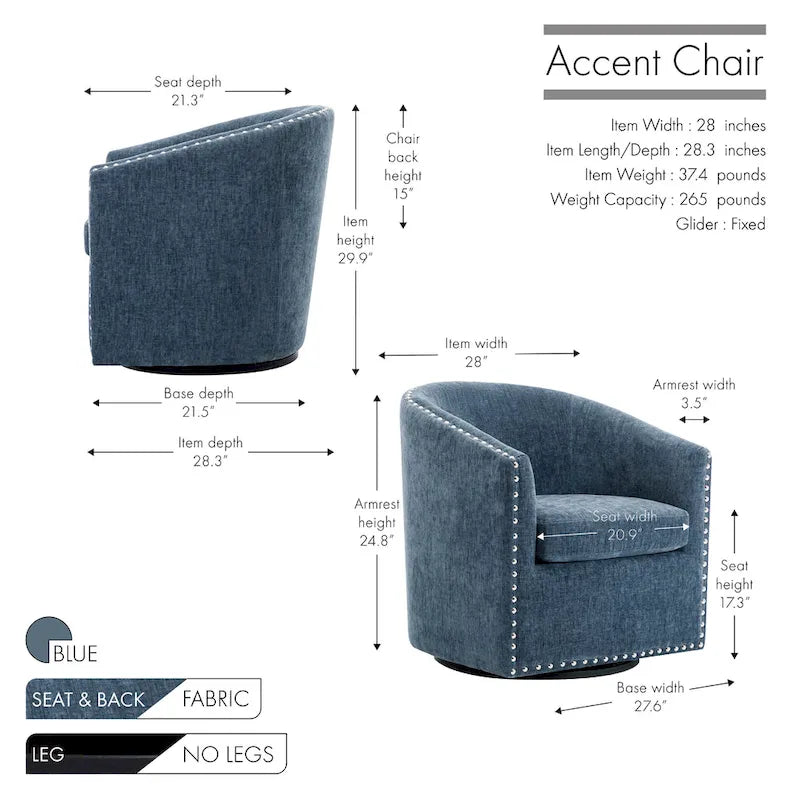 Swivel Barrel Accent Chair with Nailhead Trim – Upholstered Fabric, Multiple Colors
