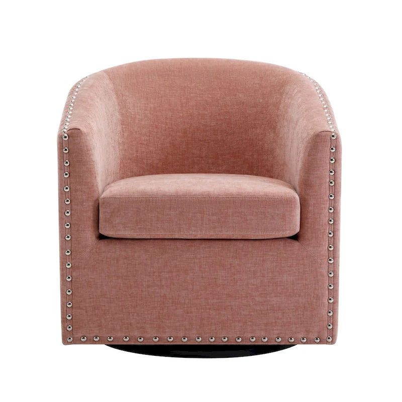 Swivel Barrel Accent Chair with Nailhead Trim – Upholstered Fabric, Multiple Colors