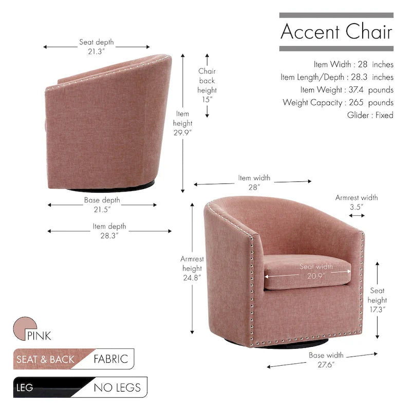 Swivel Barrel Accent Chair with Nailhead Trim – Upholstered Fabric, Multiple Colors