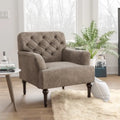 Wide Tufted Accent Chair with Faux Leather Upholstery & Turned Legs – Brown & Grey