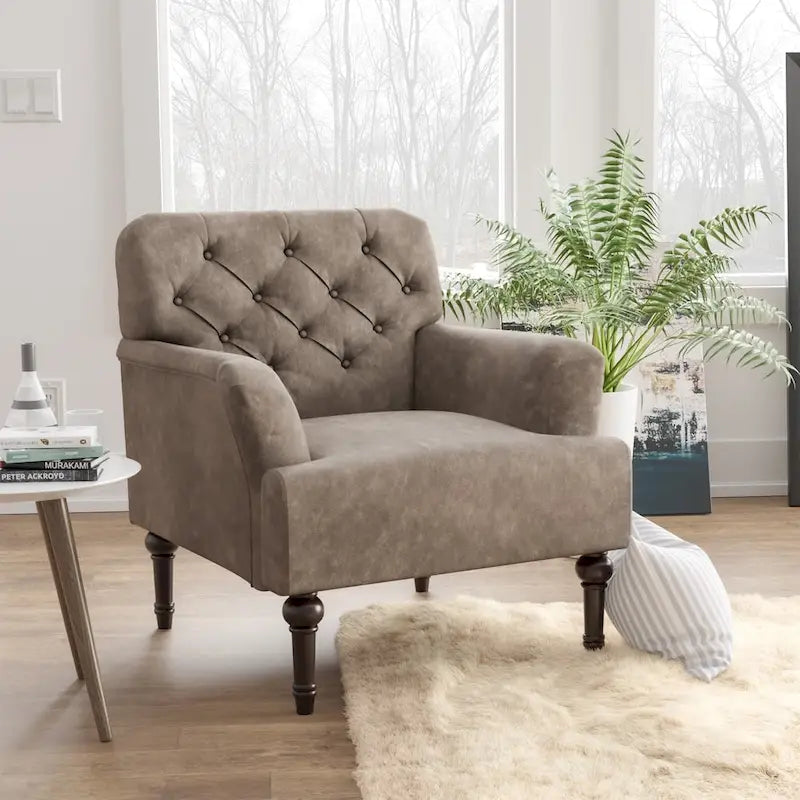 Wide Tufted Accent Chair with Faux Leather Upholstery & Turned Legs – Brown & Grey