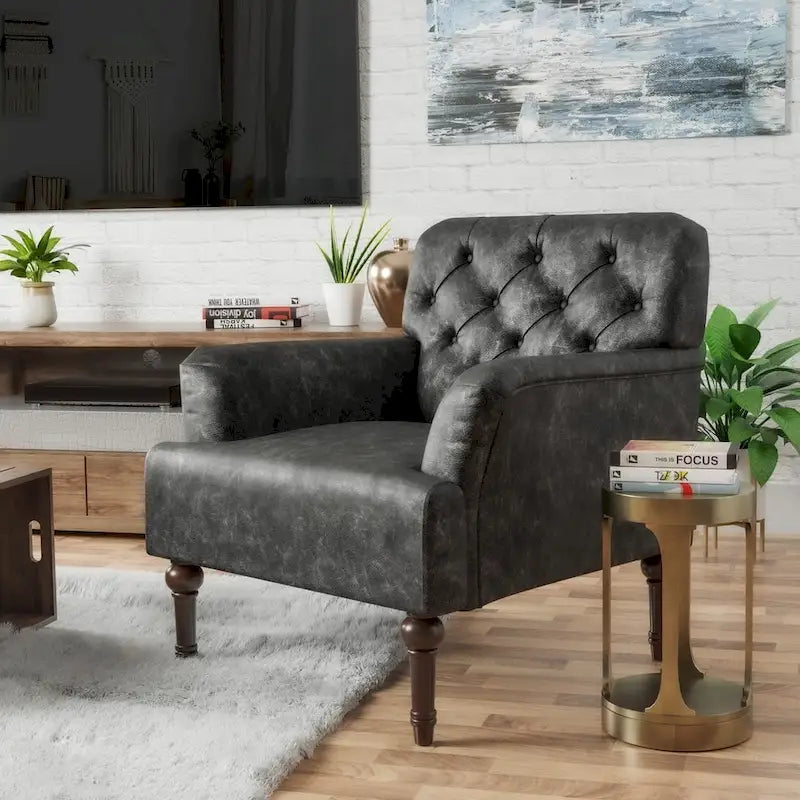 Wide Tufted Accent Chair with Faux Leather Upholstery & Turned Legs – Brown & Grey