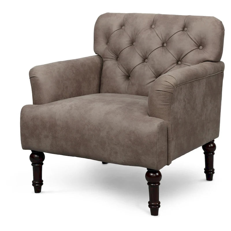 Wide Tufted Accent Chair with Faux Leather Upholstery & Turned Legs – Brown & Grey