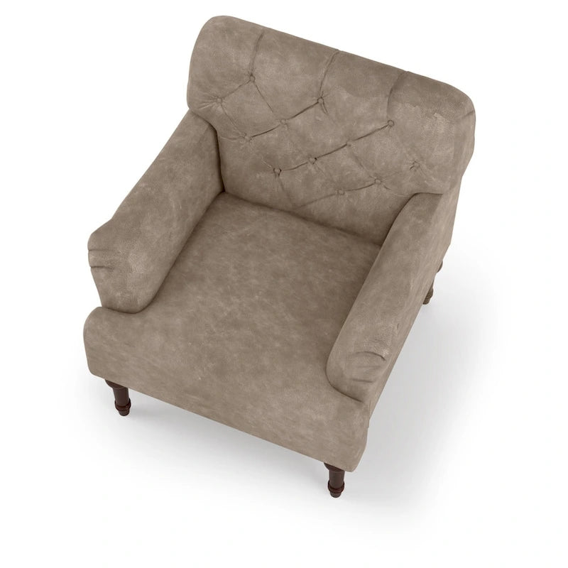 Wide Tufted Accent Chair with Faux Leather Upholstery & Turned Legs – Brown & Grey